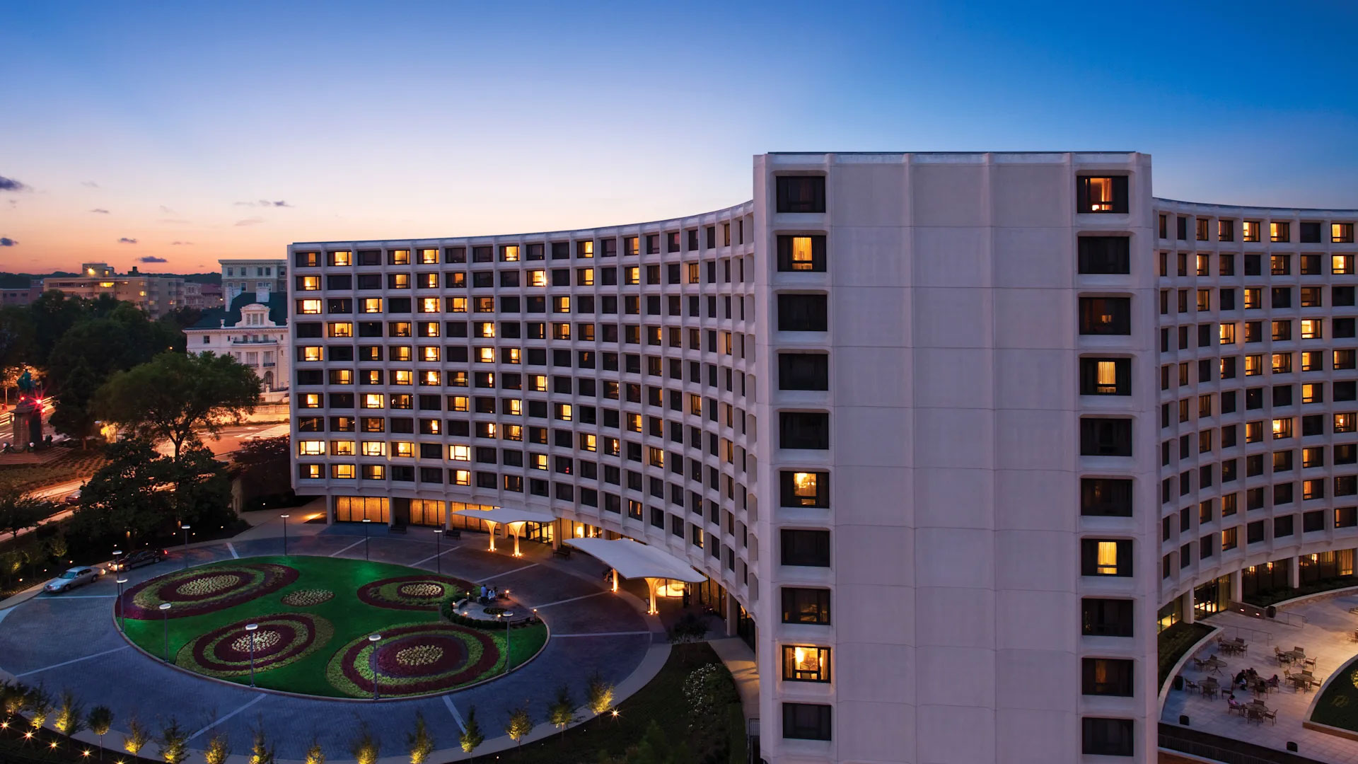 exterior of Washington Hilton hotel at dusk