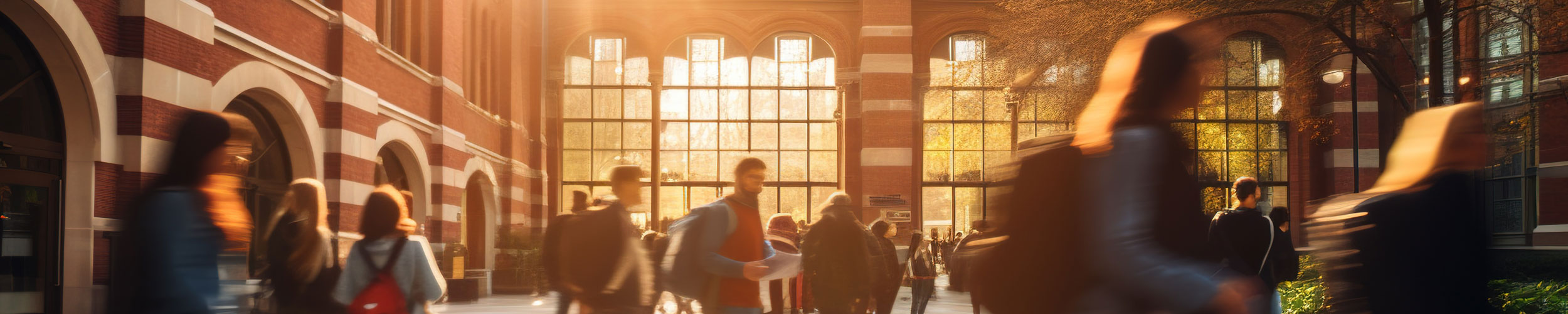 stylized photo of students in university setting at sunset