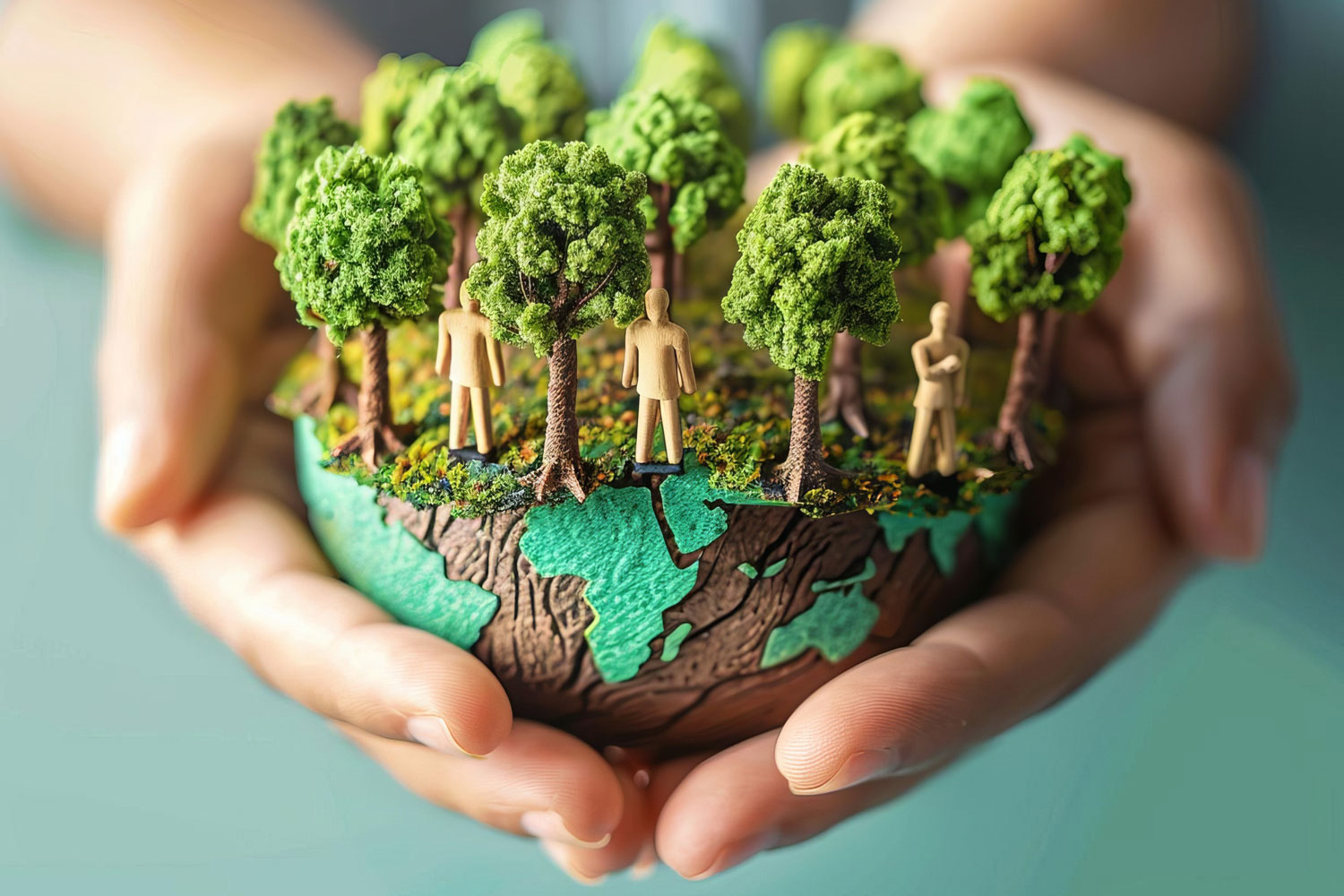 hands holding model of earth with trees