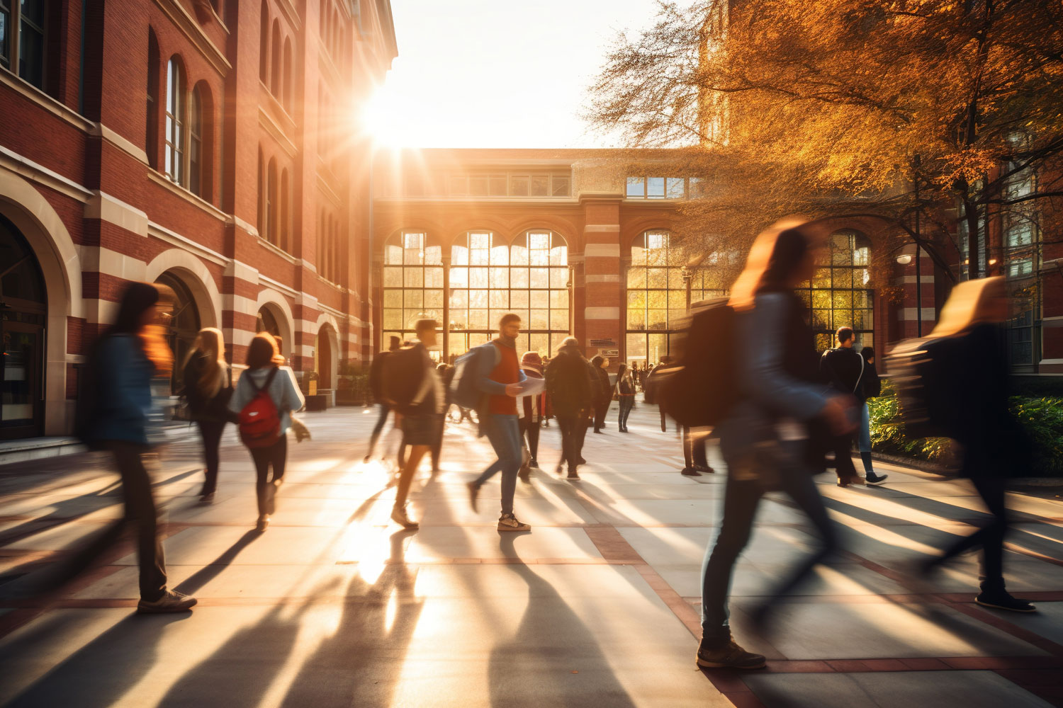 stylized image of students outside university at sunset