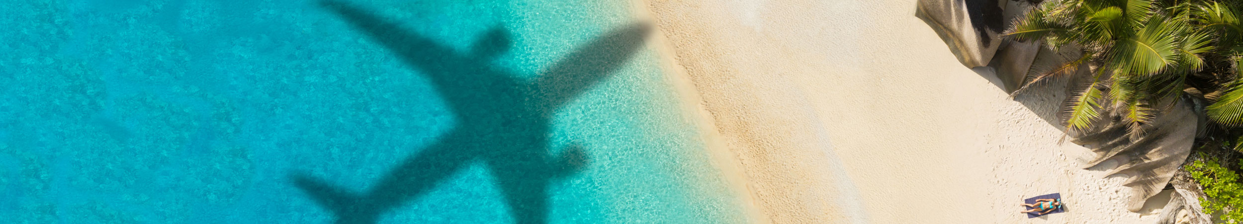 bird's eye view of sunny beach with shadow of airplane