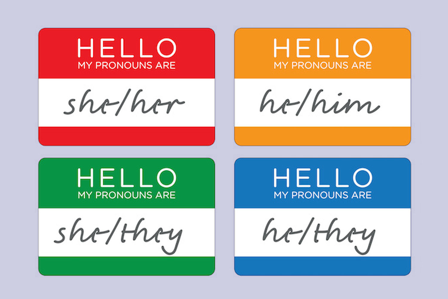 nametags with a variety of pronouns