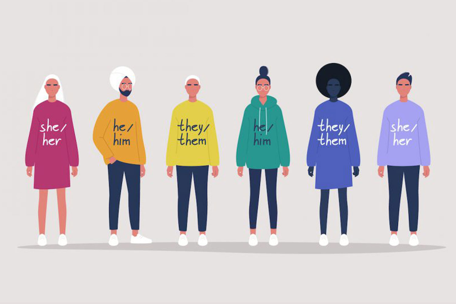 illustration of group of people with pronouns printed on their shirts