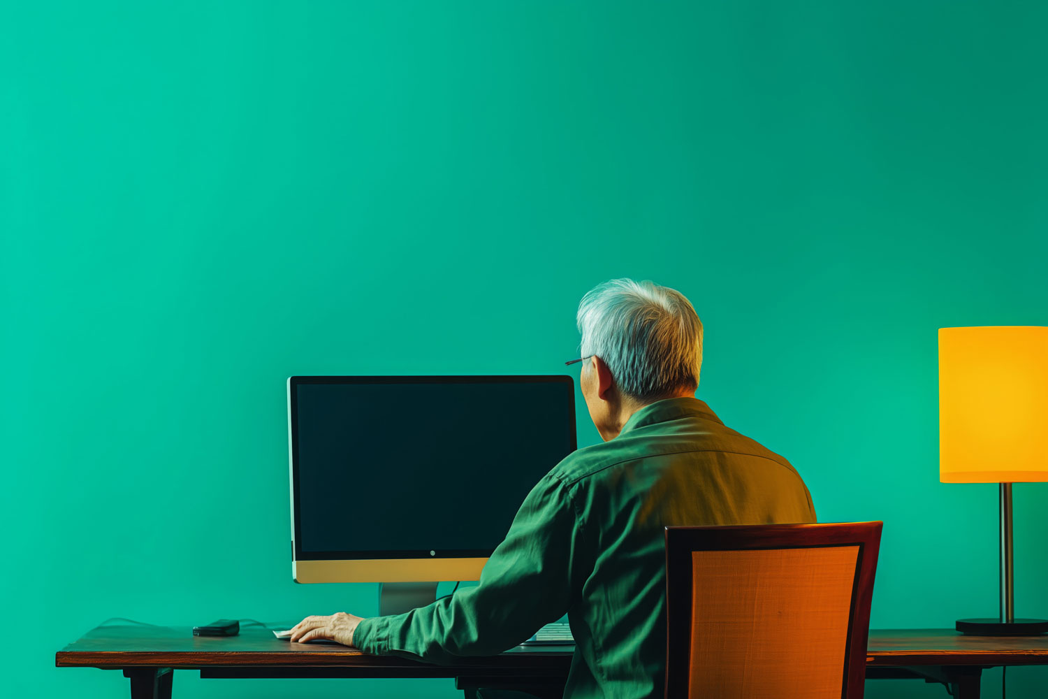 grey haired man sitting in front of computer screen