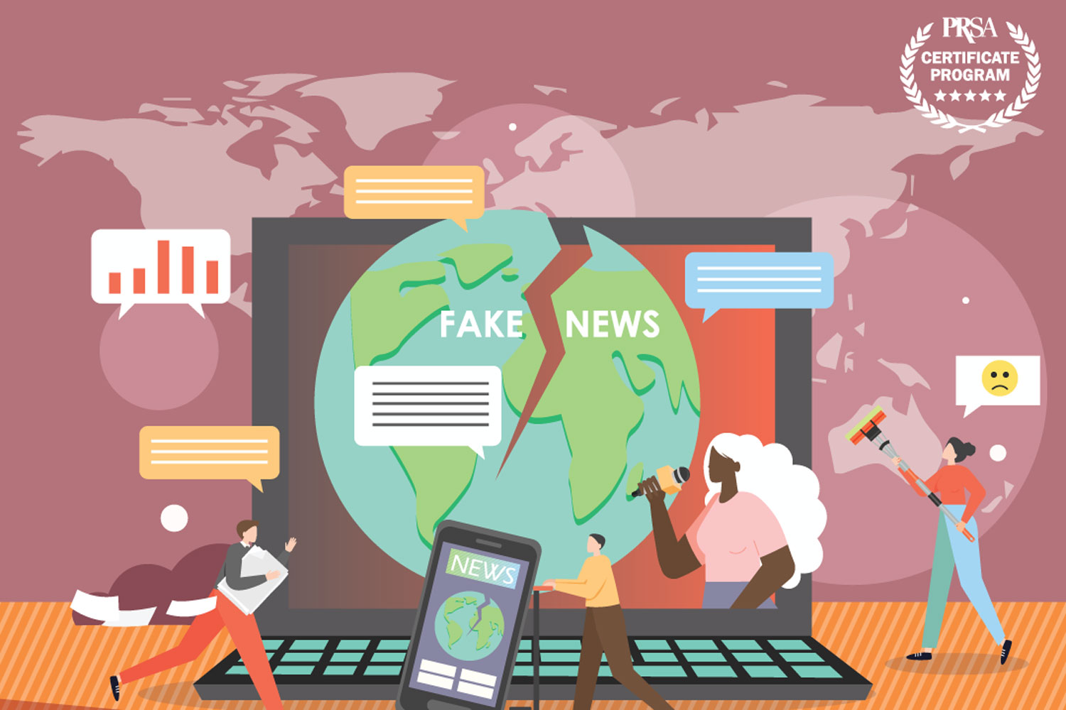 illustration of people around oversized laptop displaying fake news